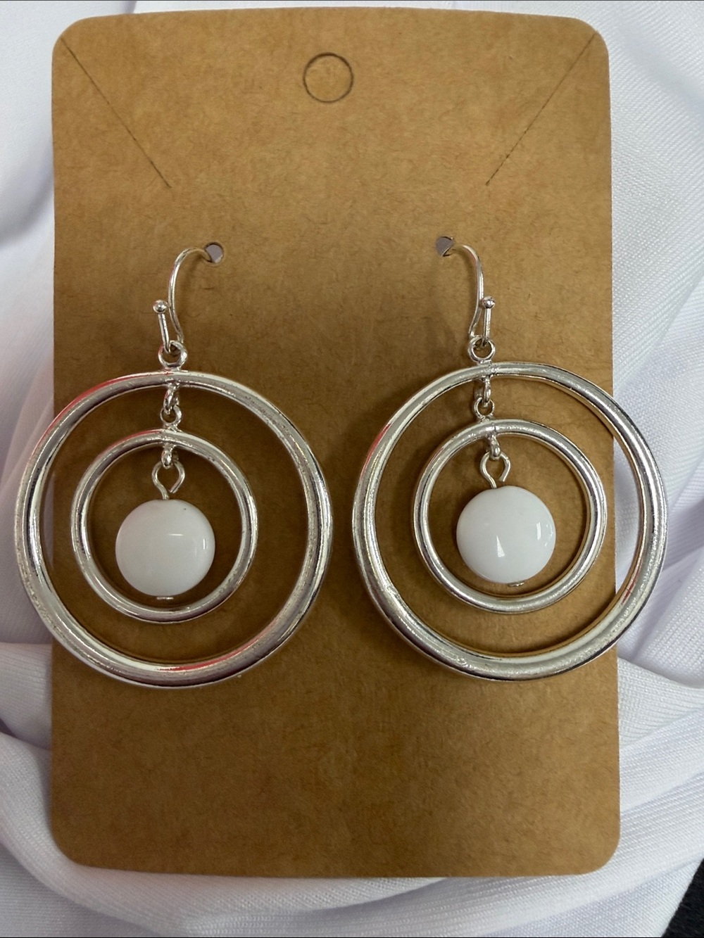 Silver Hoop Drop Earrings with White Stone Accent
